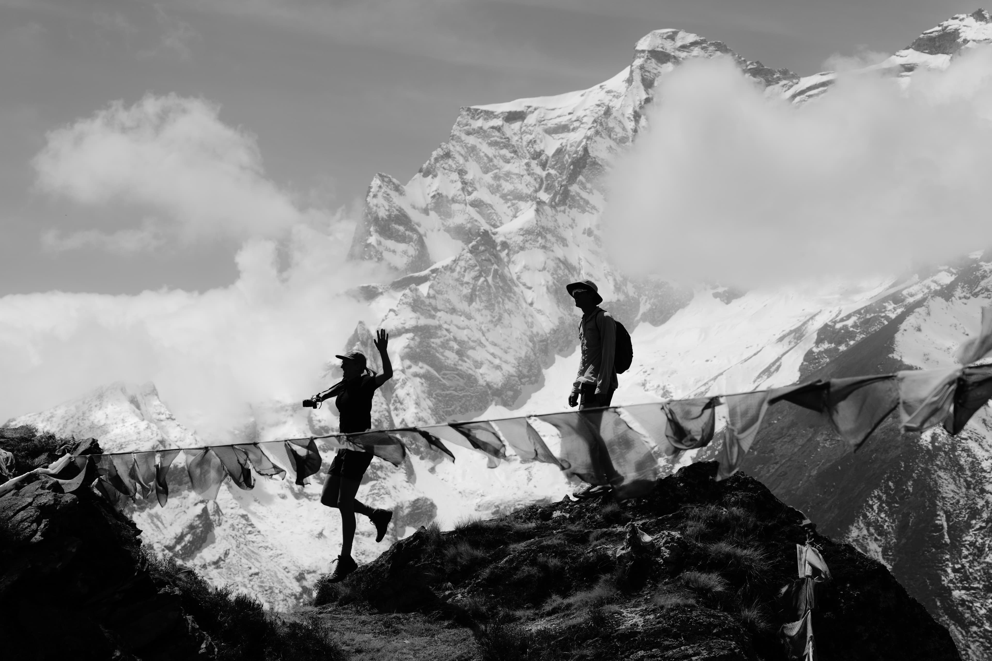 Trekkers on a Himalayan ridge